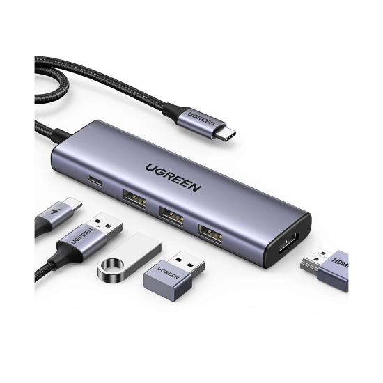 USB HUB UGREEN 5-in-1, USB C na USB C, 3x USB A, HDMI 4K@30fps, Power Delivery, sivi