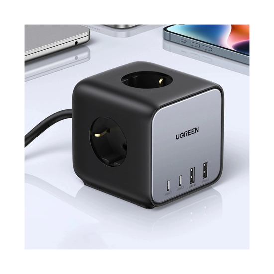 Kabel produžni UGREEN DigiNest Cube, 65W, 3x šuko, 2x USB C, 2x USB A, 1.8m, crno sivi