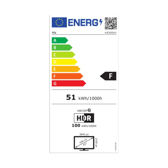 Televizor QLED 43incha TCL 43C655, Google TV, 4K UHD, DVB-T2/C/S2, HDMI, Wi-Fi, Bluetooth, USB, energetski razred F