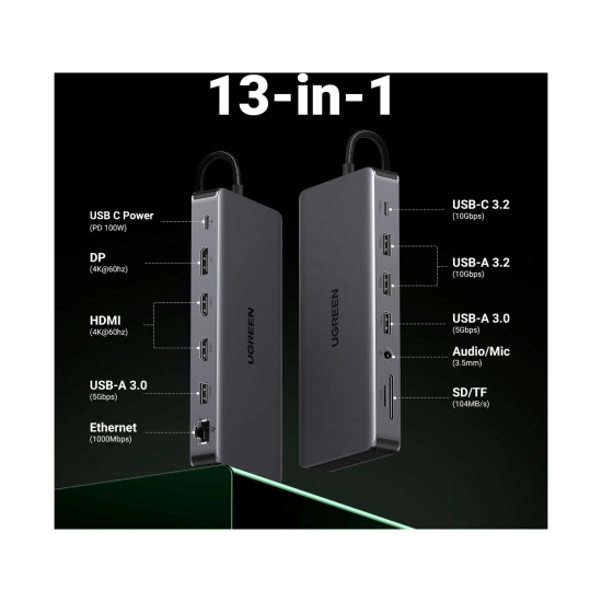 USB HUB UGREEN Revodock Pro 313 13-in-1, USB C na DisplayPort 4K@60, 2x HDMI 4K@60, USB C PD 100W, USB C, 4x USB A, RJ45, 3.5mm, čitač kartica SD/TF USB HUB UGREEN Revodock Pro 313 13-in-1, USB C na DisplayPort 4K@60, 2x HDMI 4K@60, USB C PD 100W, USB C, 4x USB A, RJ45, 3.5mm, čitač kartica SD/TF