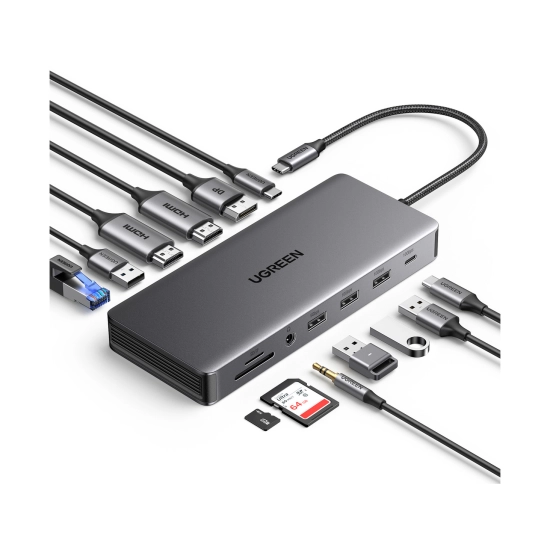 USB HUB UGREEN Revodock Pro 313 13-in-1, USB C na DisplayPort 4K@60, 2x HDMI 4K@60, USB C PD 100W, USB C, 4x USB A, RJ45, 3.5mm, čitač kartica SD/TF USB HUB UGREEN Revodock Pro 313 13-in-1, USB C na DisplayPort 4K@60, 2x HDMI 4K@60, USB C PD 100W, USB C, 4x USB A, RJ45, 3.5mm, čitač kartica SD/TF