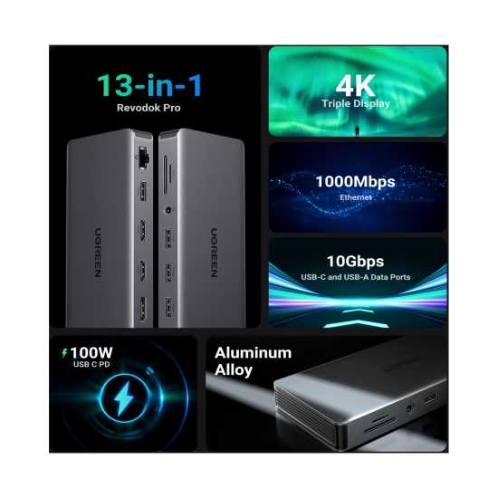 USB HUB UGREEN Revodock Pro 313 13-in-1, USB C na DisplayPort 4K@60, 2x HDMI 4K@60, USB C PD 100W, USB C, 4x USB A, RJ45, 3.5mm, čitač kartica SD/TF USB HUB UGREEN Revodock Pro 313 13-in-1, USB C na DisplayPort 4K@60, 2x HDMI 4K@60, USB C PD 100W, USB C, 4x USB A, RJ45, 3.5mm, čitač kartica SD/TF