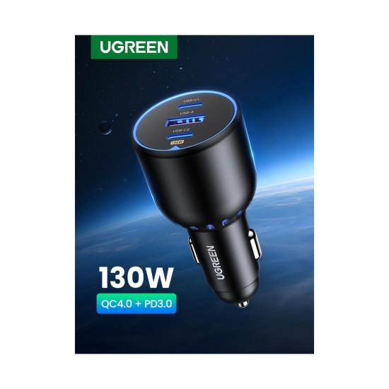 Auto punjač UGREEN, 130W, 2x USB-C, USB-A, PD, QC 4.0, sivi