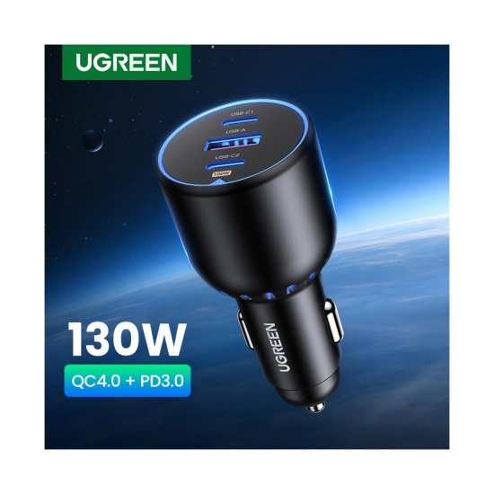 Auto punjač UGREEN, 130W, 2x USB-C, USB-A, PD, QC 4.0, sivi