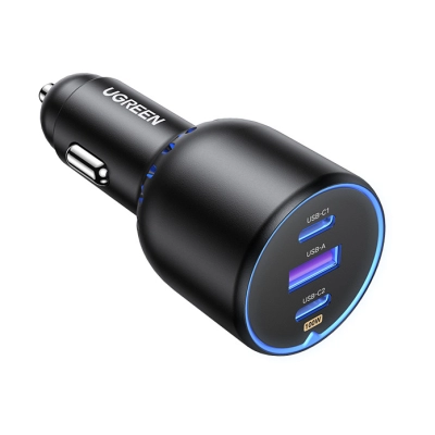 Auto punjač UGREEN, 130W, 2x USB-C, USB-A, PD, QC 4.0, sivi   - Punjači za smartphone