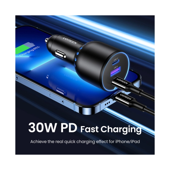 Auto punjač UGREEN, 130W, 2x USB-C, USB-A, PD, QC 4.0, sivi