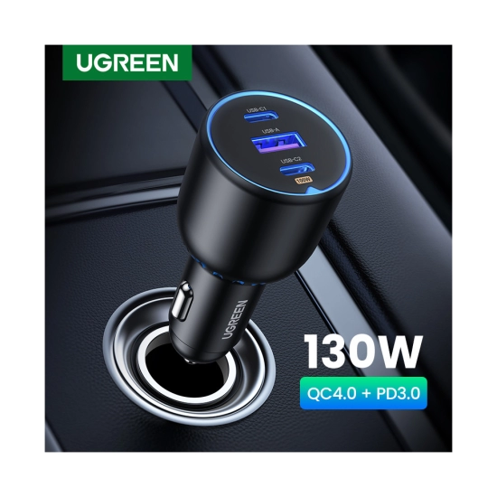 Auto punjač UGREEN, 130W, 2x USB-C, USB-A, PD, QC 4.0, sivi