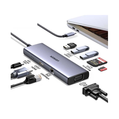 USB HUB UGREEN 9-in-1, USB C na HDMI 4K@30, VGA, USB C Power Delivery 100W, 3x USB A, RJ45, čitač kartica SD/TF   - Hlađenja, stalci, docking i USB hubovi
