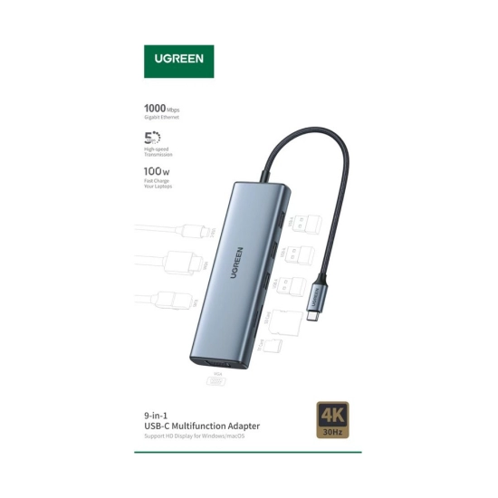 USB HUB UGREEN 9-in-1, USB-C na HDMI 4K@60, VGA, USB-C PD 100W, 3x USB-A, RJ45, čitač kartica SD/TF