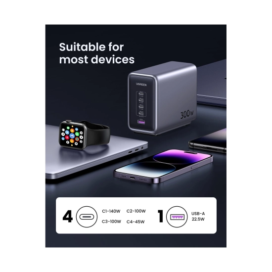 Kućni punjač UGREEN Nexode, 300W, 5x USB C, Power Delivery, GaN, sivi Kućni punjač UGREEN Nexode, 300W, 5x USB C, Power Delivery, GaN, sivi