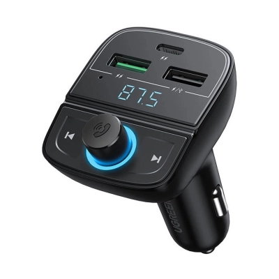 FM transmiter za auto UGREEN, LED zaslon, Bluetooth, Card Reader, USB C, 2x USB A, Quick charge 3.0, crni