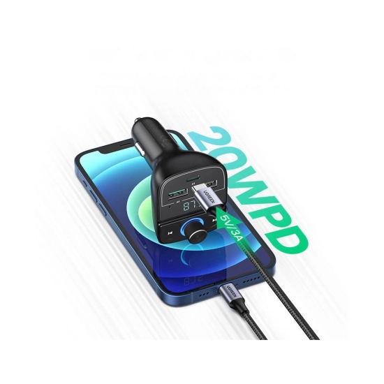FM transmiter za auto UGREEN, LED zaslon, Bluetooth, Card Reader, USB C, 2x USB A, Quick charge 3.0, crni