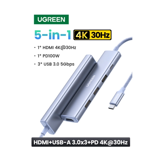 USB HUB UGREEN 5-in-1, USB C na HDMI 4K@30, USB C PowerDelivery 100W, 3x USB A, plavi USB HUB UGREEN 5-in-1, USB C na HDMI 4K@30, USB C PowerDelivery 100W, 3x USB A, plavi