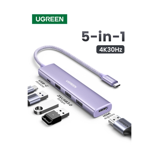 USB HUB UGREEN 5-in-1, USB C na HDMI 4K@30, USB C PowerDelivery 100W, 3x USB A, plavi USB HUB UGREEN 5-in-1, USB C na HDMI 4K@30, USB C PowerDelivery 100W, 3x USB A, plavi