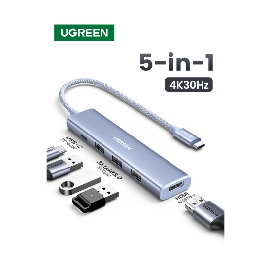 USB HUB UGREEN 5-in-1, USB C na HDMI 4K@30, USB C PowerDelivery 100W, 3x USB A, plavi USB HUB UGREEN 5-in-1, USB C na HDMI 4K@30, USB C PowerDelivery 100W, 3x USB A, plavi