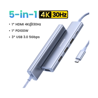 USB HUB UGREEN 5-in-1, USB C na HDMI 4K@30, USB C PowerDelivery 100W, 3x USB A, plavi   - Hlađenja, stalci, docking i USB hubovi
