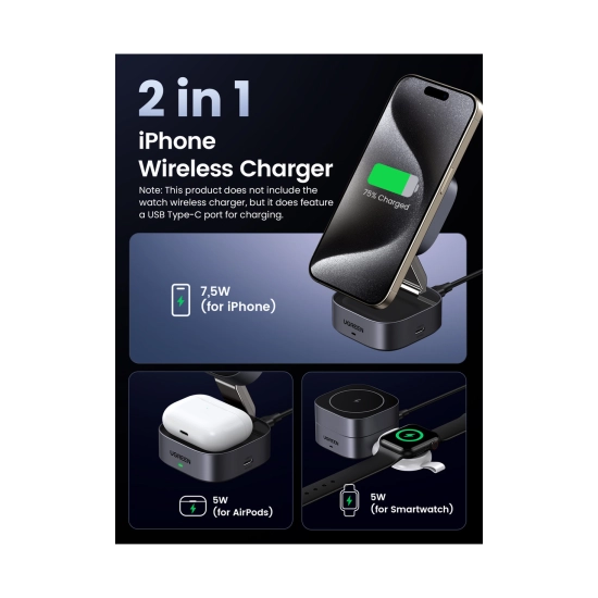 Kućni punjač UGREEN W526 2in1, 30W, bežični, Qi, MagSafe, sivi Kućni punjač UGREEN W526 2in1, 30W, bežični, Qi, MagSafe, sivi