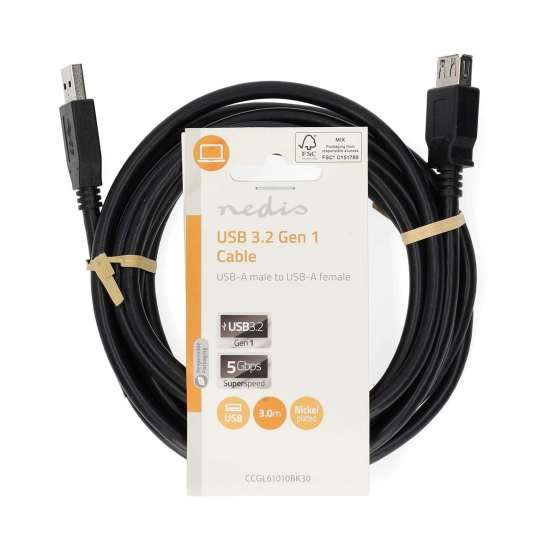 Kabel NEDIS CCGL61010BK30, USB A 3.2 (M) na USB A (Ž), crni, 3m