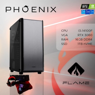 Računalo gaming PHOENIX FLAME Y-601, Intel i3 14100F, 16GB, 1TB SSD, RTX 3060 12GB, Set Miš, Tipkovnica, Podloga, Slušalice   - Gaming računala