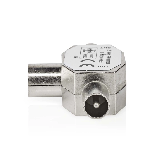 Adapter NEDIS antenski, 2x koaksijalni muški IEC (koaksijalni) 1x ženski poniklani, 75 Ohm, T-razdjelnik, metal, srebrni
