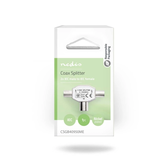 Adapter NEDIS antenski, 2x koaksijalni muški IEC (koaksijalni) 1x ženski poniklani, 75 Ohm, T-razdjelnik, metal, srebrni