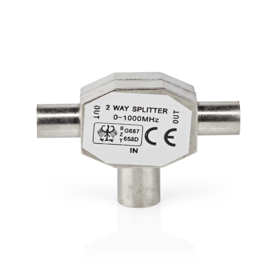 Adapter NEDIS antenski, 2x koaksijalni muški IEC (koaksijalni) 1x ženski poniklani, 75 Ohm, T-razdjelnik, metal, srebrni
