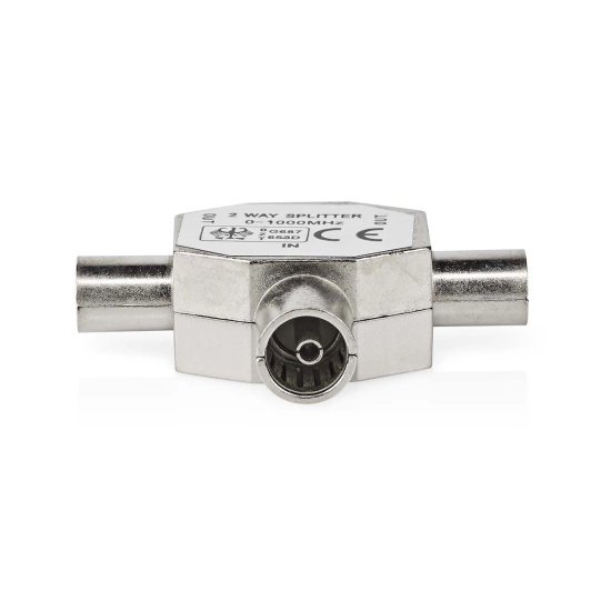 Adapter NEDIS antenski, 2x koaksijalni muški IEC (koaksijalni) 1x ženski poniklani, 75 Ohm, T-razdjelnik, metal, srebrni