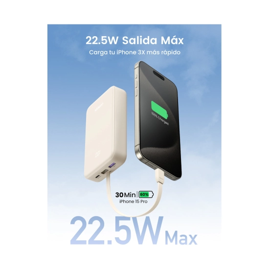 Prijenosno napajanje powerbank UGREEN, 20.000 mAh, ugrađeni kabel USB C (M), USB C, 2x USB A, bijeli