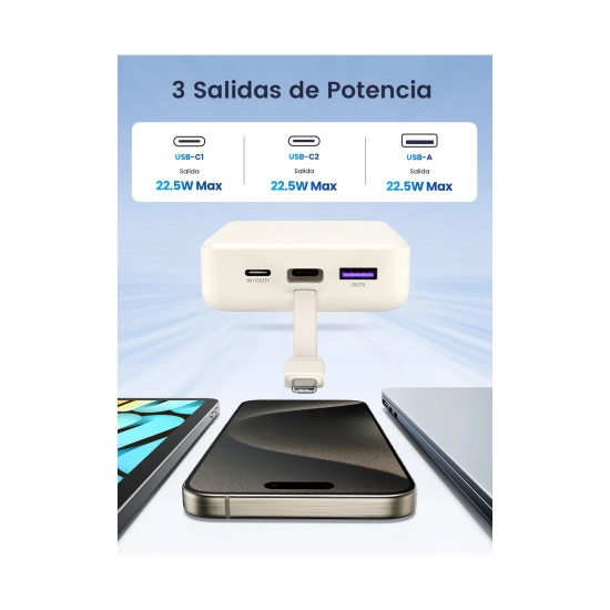 Prijenosno napajanje powerbank UGREEN, 20.000 mAh, ugrađeni kabel USB C (M), USB C, 2x USB A, bijeli