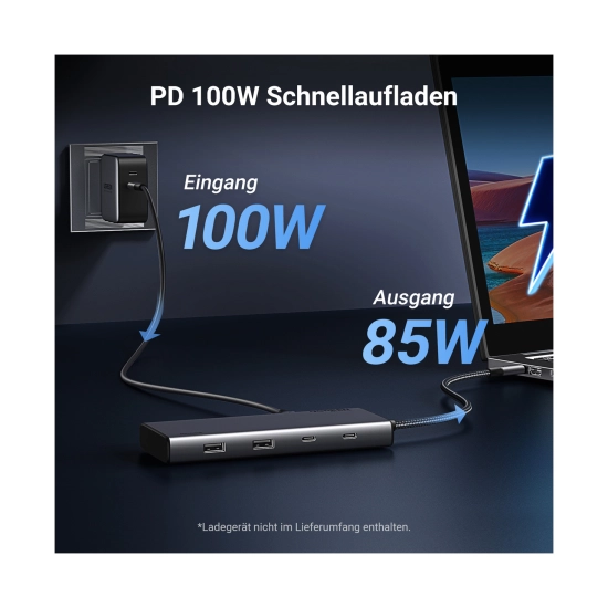USB HUB UGREEN Revdok 8-in-1, USB C na DisplayPort 4K@60Hz, 2x HDMI, USB C PowerDelivery 100W, 2x USB C, 2x USB A, sivi