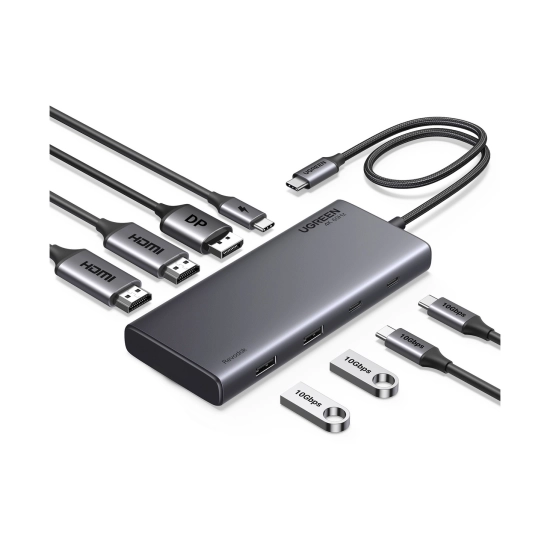 USB HUB UGREEN Revdok 8-in-1, USB C na DisplayPort 4K@60Hz, 2x HDMI, USB C PowerDelivery 100W, 2x USB C, 2x USB A, sivi