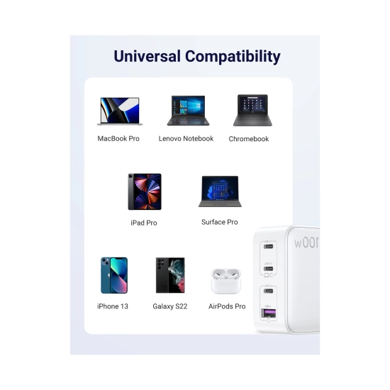 Kućni punjač UGREEN Nexode, 100W, 3x USB C, Power Delivery 3.0, Quick Charge 4.0, GaN, bijeli