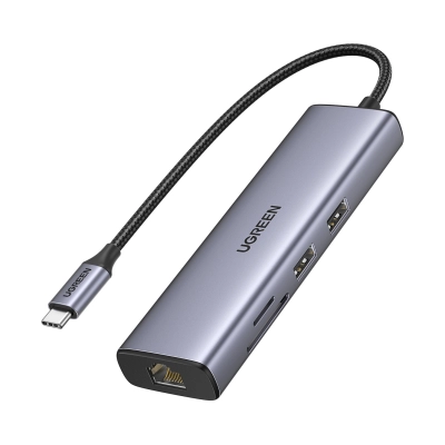 USB HUB UGREEN 7-in-1, USB C na USB C PD 100W, 2x USB A 3.0, HDMI 4K@30, RJ45, čitač kartica SD/TF, sivi   - Hlađenja, stalci, docking i USB hubovi