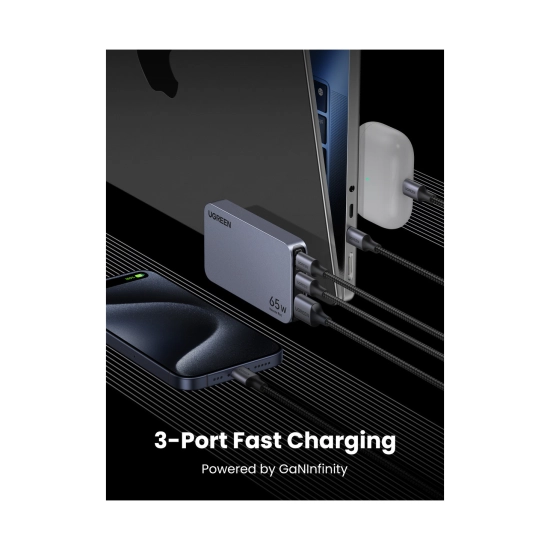 Kućni punjač UGREEN Ultra-Slim Nexode Pro, 65W, 2x USB C, USB A, GaNInfinity, crni