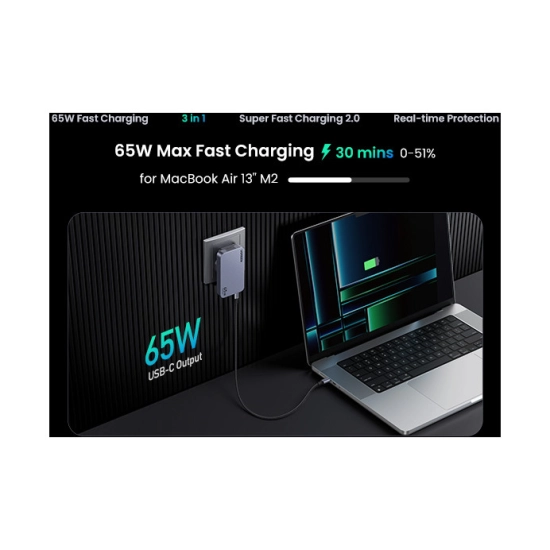 Kućni punjač UGREEN Ultra-Slim Nexode Pro, 65W, 2x USB C, USB A, GaNInfinity, crni