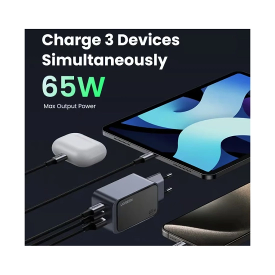 Kućni punjač UGREEN Nexode S, 65W, 2x USB C, USB A, sivi