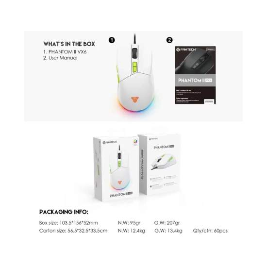 Miš FANTECH PHANTOM II VX6, gaming, žični, 7200 DPI, crni Miš FANTECH PHANTOM II VX6, gaming, žični, 7200 DPI, crni