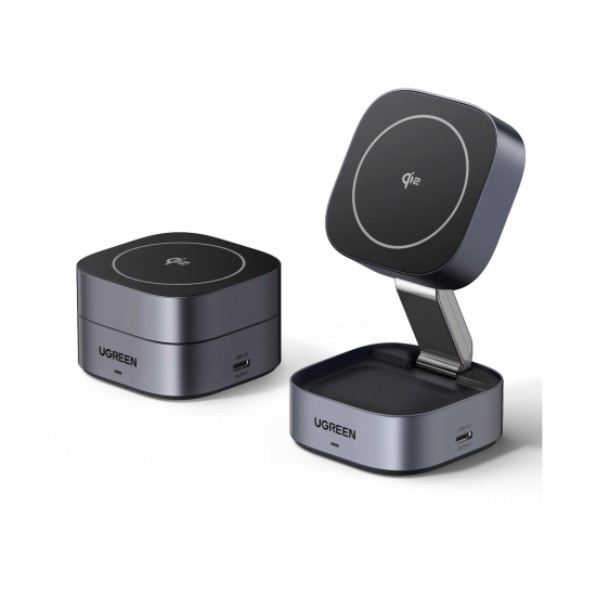 Kućni punjač UGREEN 2in1, 15W, bežični, Qi2, za iPhone, AirPods Pro, sivi