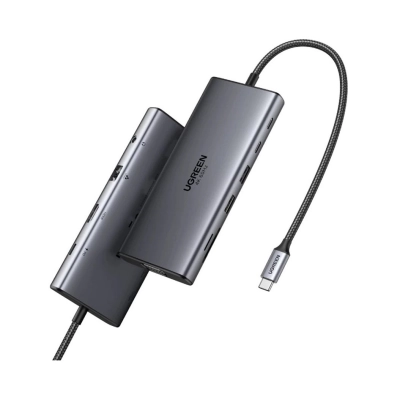 USB HUB UGREEN 11-in-1, USB C na 2x USB C, 2x USB A, 1x HDMI, 1x VGA, 1x RJ45, SD kartica, TF kartica, 3,5 mm   - Hlađenja, stalci, docking i USB hubovi
