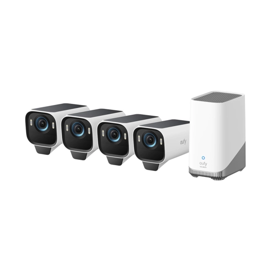 Nadzorna IP kamera ANKER Eufy Security eufyCam S3 Pro, komplet 4 kamere + baza, solarna, vanjska, 4K UHD, Wi-Fi, detekcija lica, noćni vid, bijela