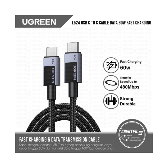 Kabel UGREEN, USB C (M) na USB C (M), pleteni, 2m, sivi Kabel UGREEN, USB C (M) na USB C (M), pleteni, 2m, sivi