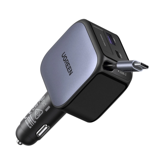 Auto punjač UGREEN, 60W, USB C, USB A, kabel USB C (M) na izvlačenje, crni