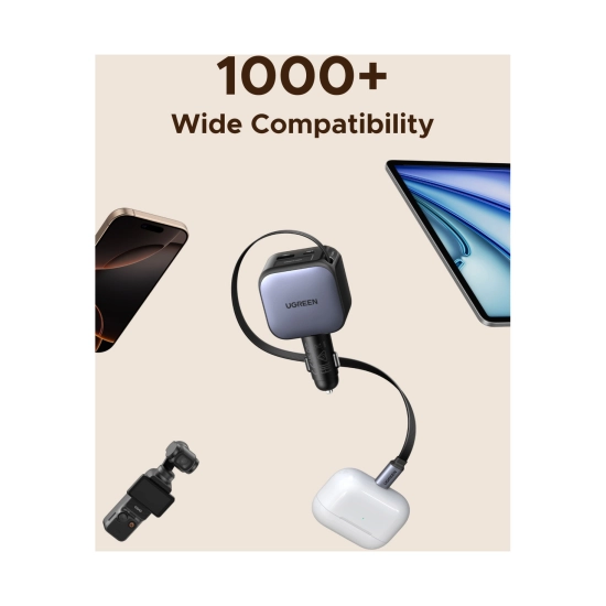 Auto punjač UGREEN, 60W, USB C, USB A, kabel USB C (M) na izvlačenje, crni