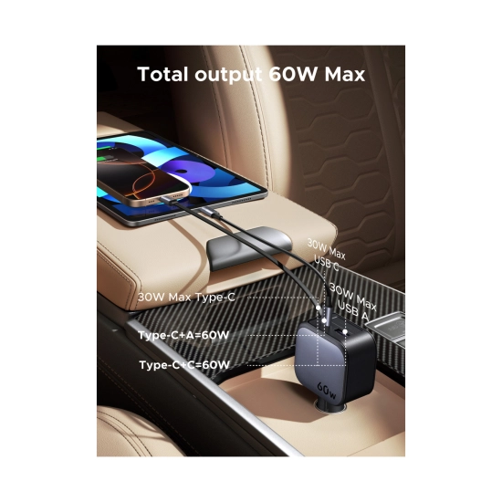 Auto punjač UGREEN, 60W, USB C, USB A, kabel USB C (M) na izvlačenje, crni