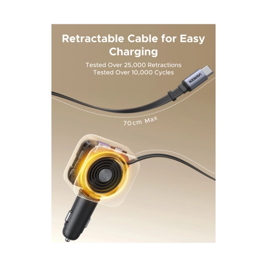 Auto punjač UGREEN, 60W, USB C, USB A, kabel USB C (M) na izvlačenje, crni