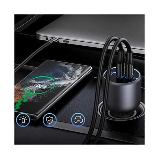 Auto punjač UGREEN, 130W, 2x USB C, USB A, sivi