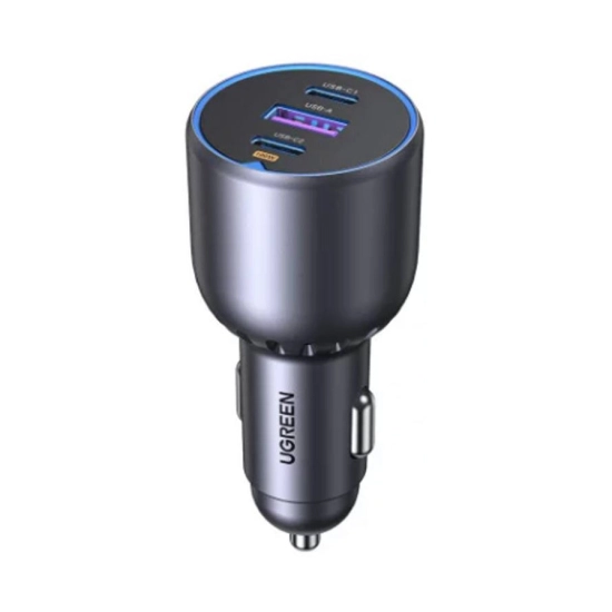 Auto punjač UGREEN, 130W, 2x USB C, USB A, sivi