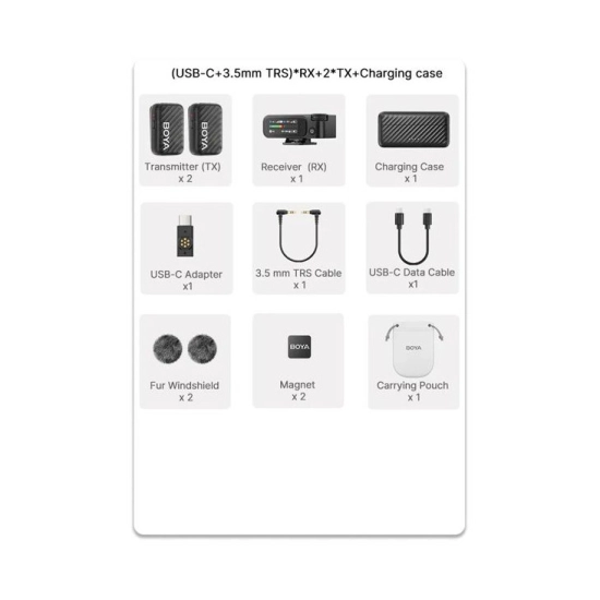 Mikrofon BOYA Boyamic 2-02, bežični, USB C, 3.5mm, crni