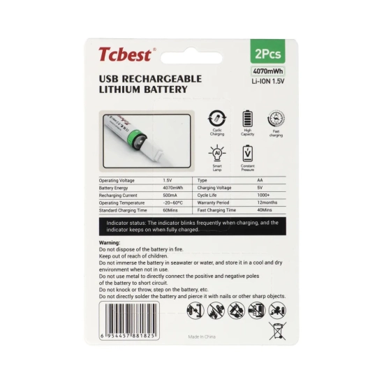 Baterija punjiva LI-ION USB C TCBEST, 2713mAh, R6 AA, USB C, 2 komada