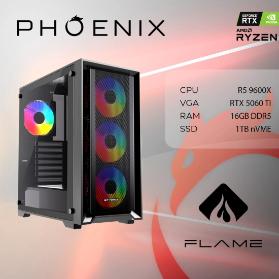Računalo gaming PHOENIX FLAME X-506, Ryzen 5 9600X, 16GB, 1TB SSD, GeForce RTX 5060 Ti, NoOS